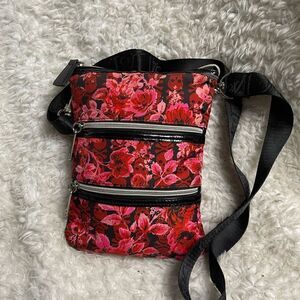 Betsey Johnson Nylon pink ,Red Flowers & skulls Small crossbody bag black trims